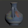 Blue Ceramic Vase With Red And Green Floral Patterns And Handle