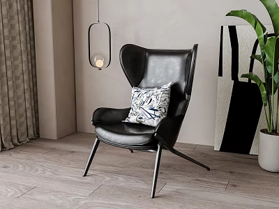Black Leather Accent Chair with Blue White Patterned Pillow Hanging Lantern Green Plant Abstract Painting 3d model