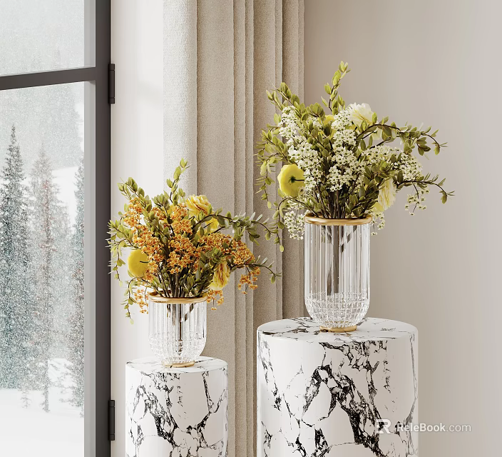 Gold Rimmed Transparent Vases with Yellow and White Flowers Green Foliage on Marble Pedestals 3d model 