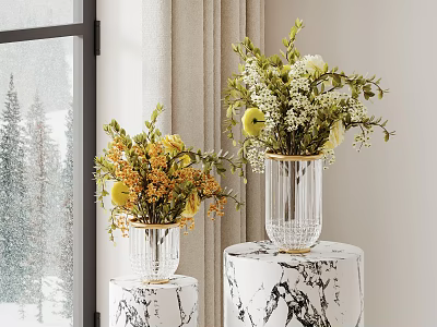 Gold Rimmed Transparent Vases with Yellow and White Flowers Green Foliage on Marble Pedestals 3d model