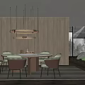 Modern Restaurant Interior With Round Dining Table Green Chairs Pendant Lights And Wooden Walls