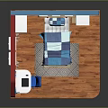 Red Blue Walls Room Interior With Wooden Bed Desk Chair And Artwork