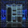 Modern Data Center Interior With Server Racks And Blue Digital Grid Background 3d model
