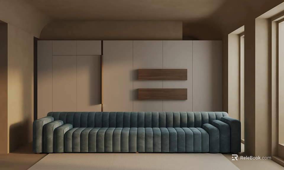 Blue Ribbed Three Seat Sofa In Modern Minimalist Living Room With Wooden Accents 3d model 