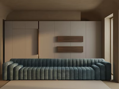 Blue Ribbed Three Seat Sofa In Modern Minimalist Living Room With Wooden Accents 3d model