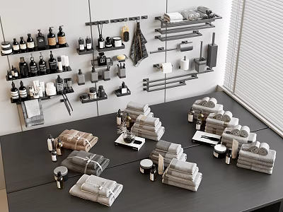 Organized Display Of Washing Daily Items And Towels On Table 3d model