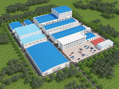 Industrial Factory Complex With Blue Roofs White Buildings Green Lawns Trees And Parking Area 3d model