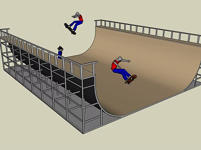 Three Skateboarders Riding On Curved Ramp At Skatepark With Metal Railings 3d model