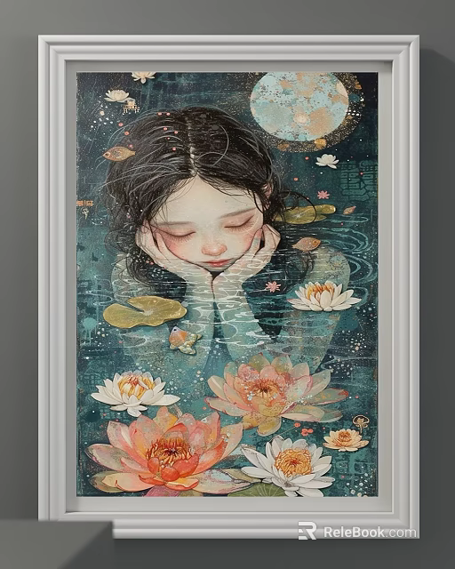 Serene Portrait Painting of Girl With Closed Eyes Lotus Flowers and Moon in Water 3d model 