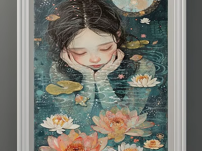 Serene Portrait Painting of Girl With Closed Eyes Lotus Flowers and Moon in Water 3d model