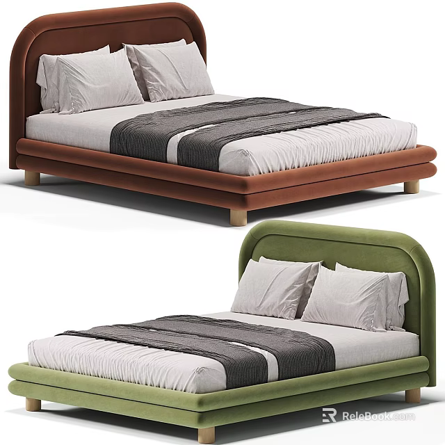 Brown And Green Upholstered Bed Frames With White Sheets And Gray Blankets 3d model