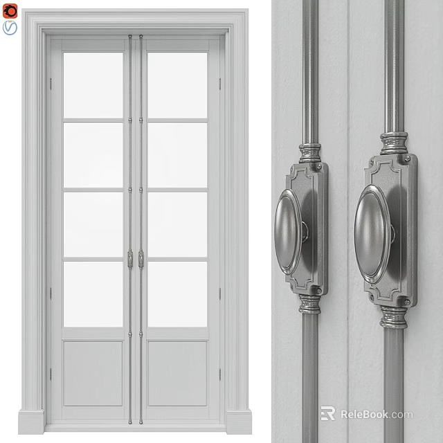 Modern White Swing Door With Glass Panels And Decorative Metal Handles 3d model 