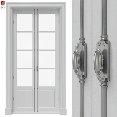 Modern White Swing Door With Glass Panels And Decorative Metal Handles 3d model