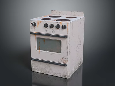 Old White Kitchen Stove with Rusty Burners Worn Knobs and Aged Oven Door 3d model