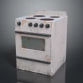 Old White Kitchen Stove with Rusty Burners Worn Knobs and Aged Oven Door