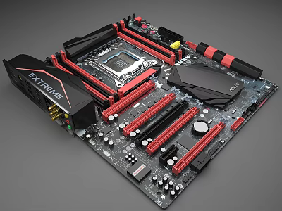 High Performance Extreme Series Motherboard With Black Red RAM PCIe Slots And CPU Socket Components 3d model