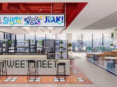 Casual Lounge Area With Bar Counter Stools Colorful Floor Tiles Large Windows And Plants 3d model