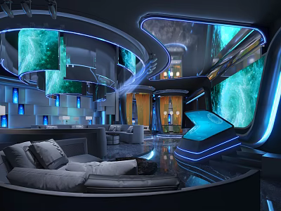 Futuristic KTV Lounge Interior With Blue Lighting Gray Sofas And Large Screens 3d model