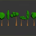 Low Poly Style Green Tree Sculptures Featuring Orange Trunks Different Shapes Grey Background and Reflections 3d model