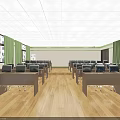 School Classroom With Neat Rows Of Desks Green White Chairs Wooden Flooring And Ceiling Lights