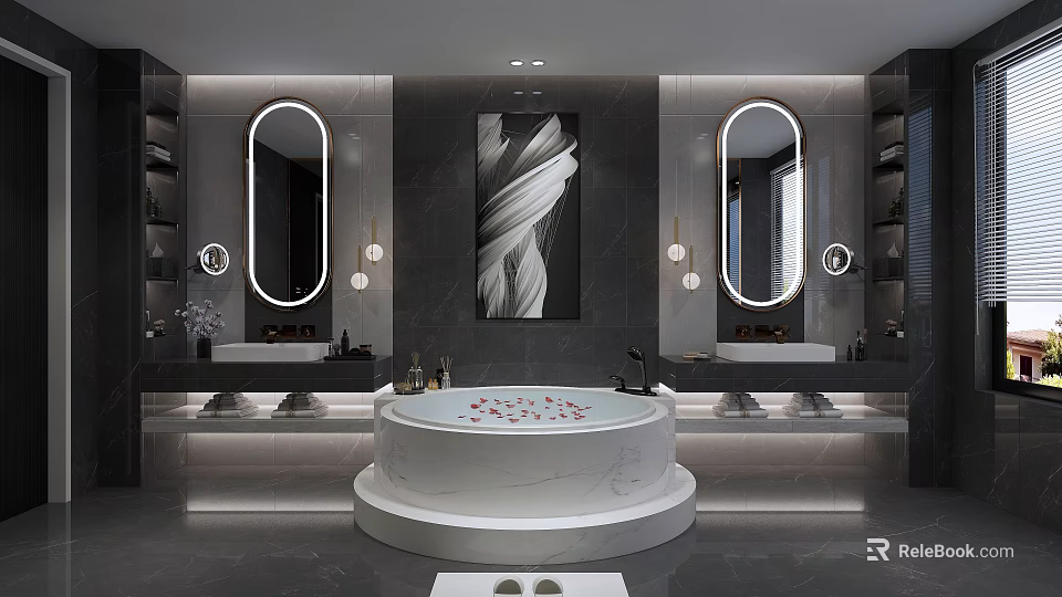 Modern Luxury Bathroom Interior With White Bathtub Double Oval Mirrors And Abstract Painting 3d model 