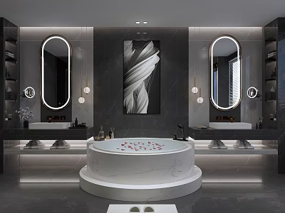 Modern Luxury Bathroom Interior With White Bathtub Double Oval Mirrors And Abstract Painting 3d model