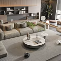 Modern Beige Sofa and Round Coffee Table Set With Green Plants and Floor Lamp in Living Room