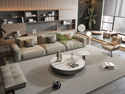 Modern Beige Sofa and Round Coffee Table Set With Green Plants and Floor Lamp in Living Room 3d model