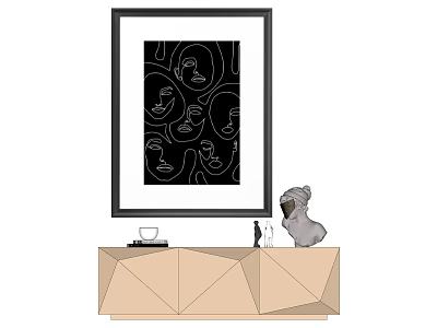 Abstract Face Painting In Black Frame With Geometric Cabinet And Decor Items 3d model