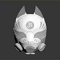 White Weapon Helmet With Pointed Ears Patterned Surface Circular Emblem On Black Reflective Surface