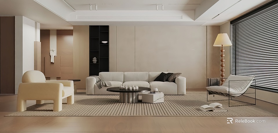 Elegant Living Room Interior Design With Beige Sofa Black Bookshelf Floor Lamp And Striped Rug 3d model 