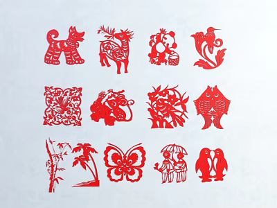 Artistic Red Paper Cutting Wall Decor With Animal Plant And Character Patterns 3d model