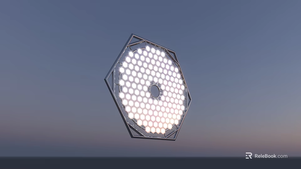 Hexagonal Illuminated Structure With Small Circular Dots And Central Hole Against Dusk Sky 3d model 