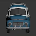 Blue And White Vintage Car With Surfboard On Roof And Rounded Body