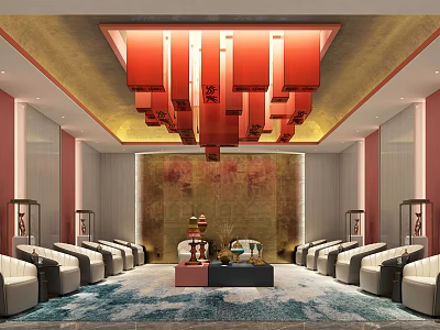 Elegant Hotel Public Lounge Area With Red Pendant Lights Sofas Decorative Wall And Patterned Carpet 3d model