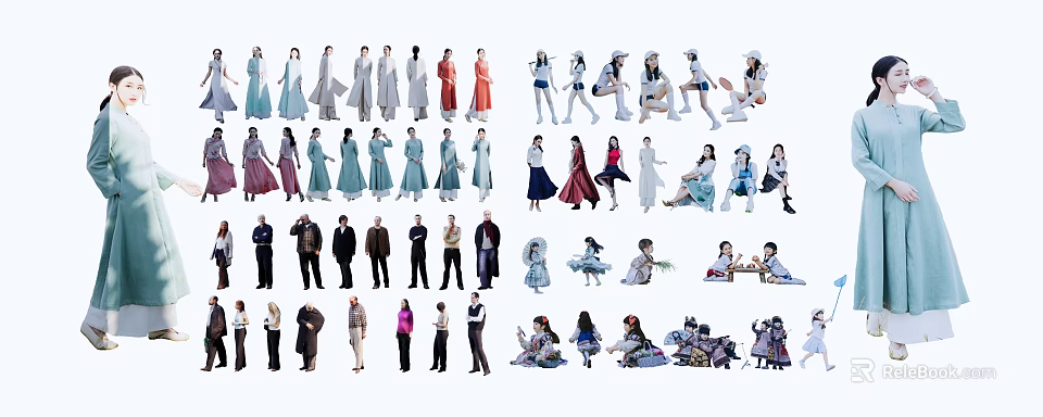 Multiple People in Various Poses and Different Costumes for Character Design Illustration 3d model 