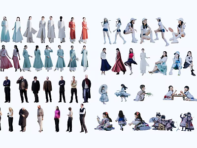 Multiple People in Various Poses and Different Costumes for Character Design Illustration 3d model