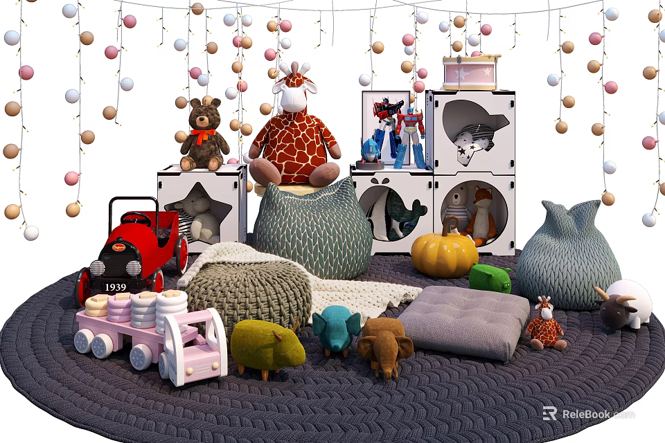 Cute Stuffed Animals Collection With Toy Car Pumpkin Pillows Storage Cubes And Hanging Decorative Balls 3d model 