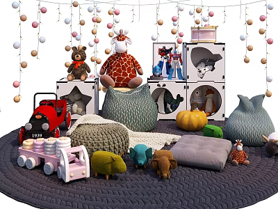 Cute Stuffed Animals Collection With Toy Car Pumpkin Pillows Storage Cubes And Hanging Decorative Balls 3d model