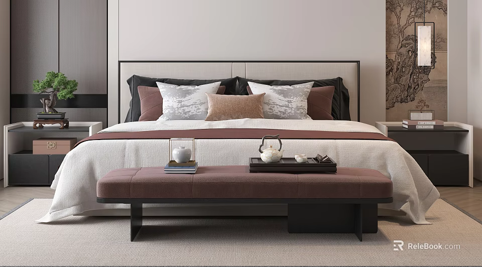 Modern Double Bed Interior Design With Elegant Headboard Soft Pillows And Wooden Foot Bench 3d model 