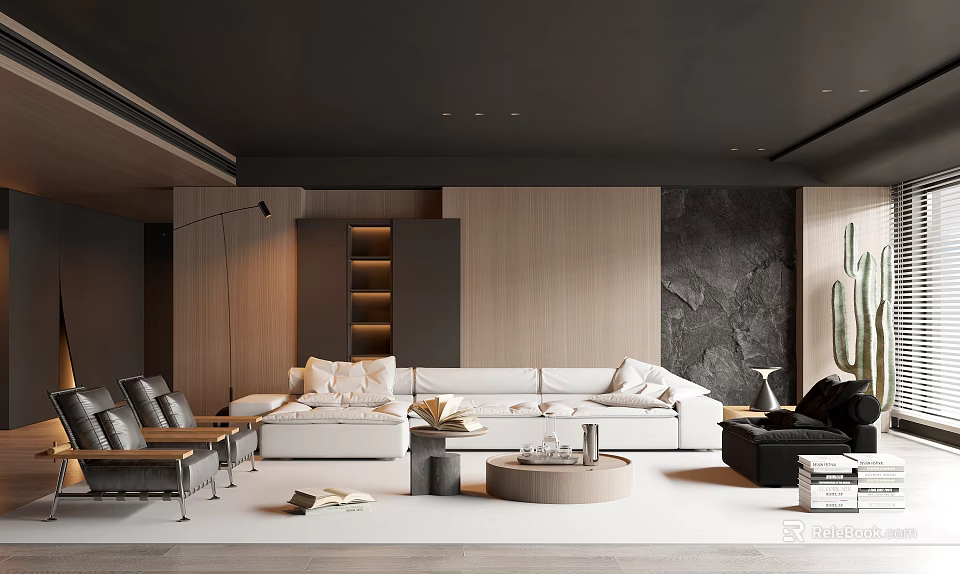 Modern Living Room Interior With White Sofa Wooden Wall Black Armchair And Round Coffee Table 3d model 