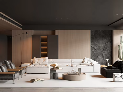 Modern Living Room Interior With White Sofa Wooden Wall Black Armchair And Round Coffee Table 3d model