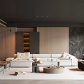 Modern Living Room Interior With White Sofa Wooden Wall Black Armchair And Round Coffee Table