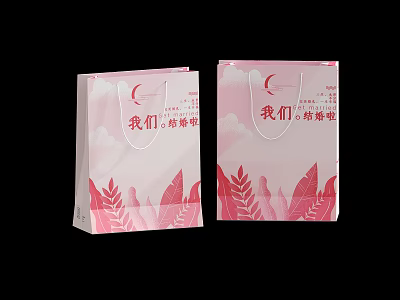 Pink Food Shopping Bags With Our Story Text And Red Leaf Patterns 3d model