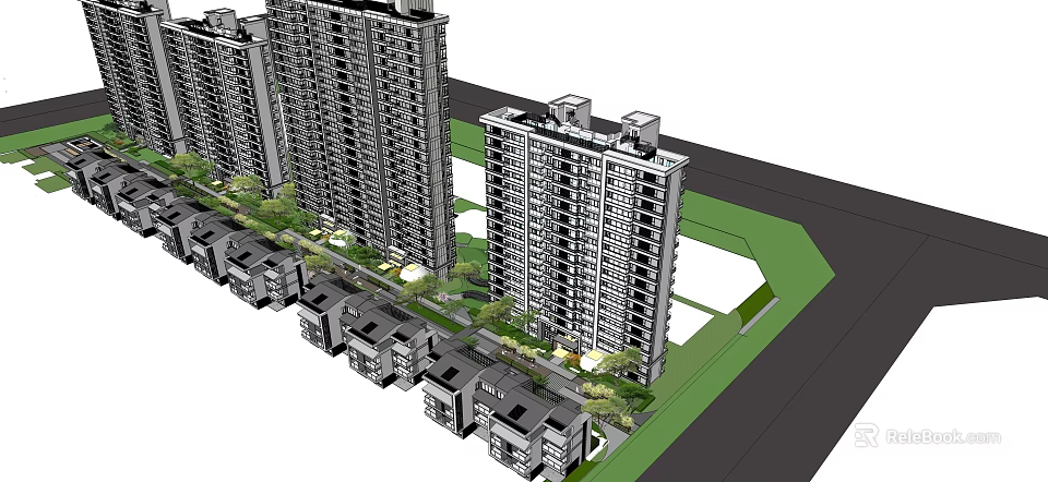 Modern Residential Complex With High Rise Low Rise Buildings Green Spaces And Road 3d model 