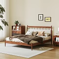 Double Bed with Wooden Headboard Pillows Blanket Nightstands Table Lamp Wall Art and Green Plant