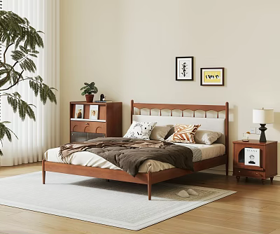 Double Bed with Wooden Headboard Pillows Blanket Nightstands Table Lamp Wall Art and Green Plant 3d model