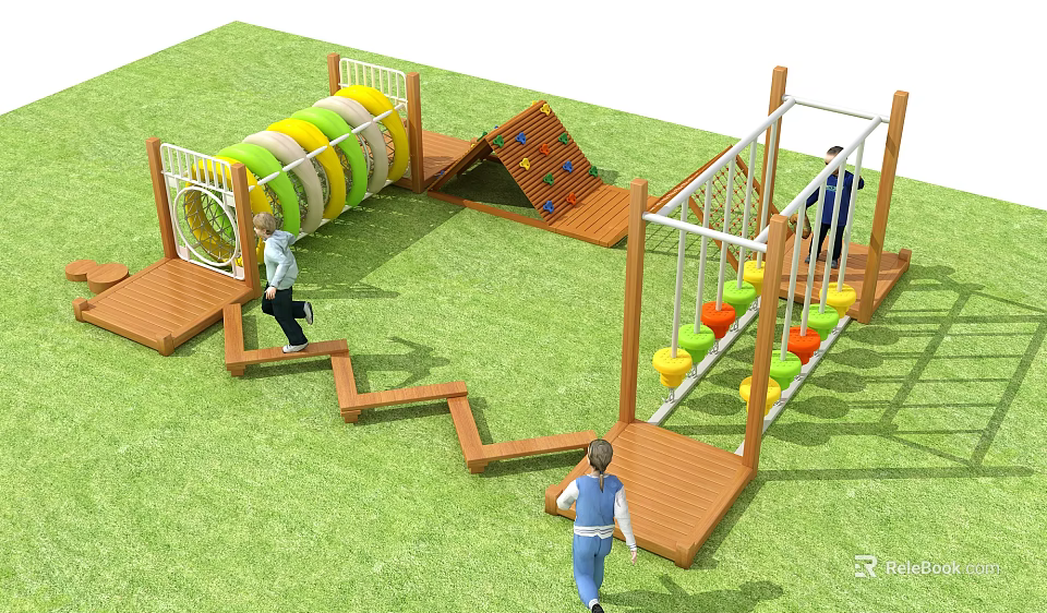 Kindergarten Outdoor Playground With Children Playing On Climbing Frame Slide Tunnel And Swings 3d model 