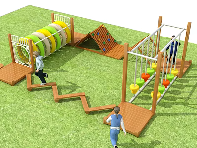 Kindergarten Outdoor Playground With Children Playing On Climbing Frame Slide Tunnel And Swings 3d model