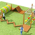 Kindergarten Outdoor Playground With Children Playing On Climbing Frame Slide Tunnel And Swings